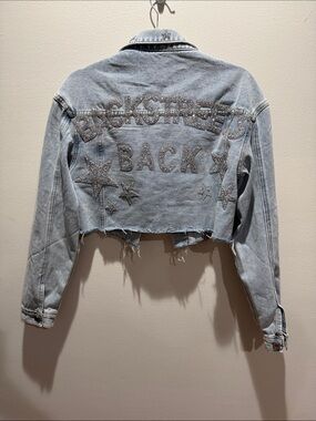 Custom Backstreet Boys Cropped Light Blue Denim Jacket with Raw Hem - Women Y2K